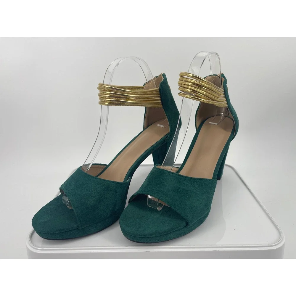 Green Faux Suede Platform Sandals Gold Ankle Cuff Block Heel Women Size 40 9